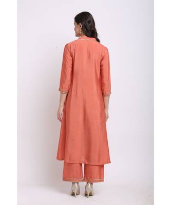 Tangerine Sequin Yoke A-Line Kurti with Straight Pants 2
