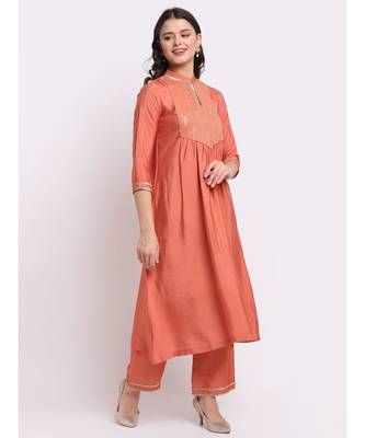 Tangerine Sequin Yoke A-Line Kurti with Straight Pants 3