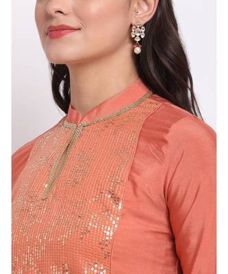 Tangerine Sequin Yoke A-Line Kurti with Straight Pants 4