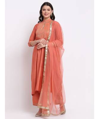 Tangerine Sequin Yoke A-Line Kurti with Straight Pants and Net Mokaish Dupatta 1