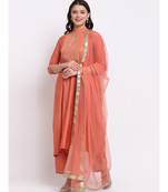 Tangerine Sequin Yoke A-Line Kurti with Straight Pants and Net Mokaish Dupatta