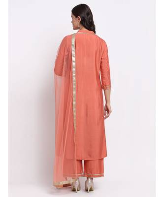Tangerine Sequin Yoke A-Line Kurti with Straight Pants and Net Mokaish Dupatta 2