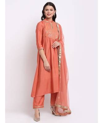 Tangerine Sequin Yoke A-Line Kurti with Straight Pants and Net Mokaish Dupatta 3