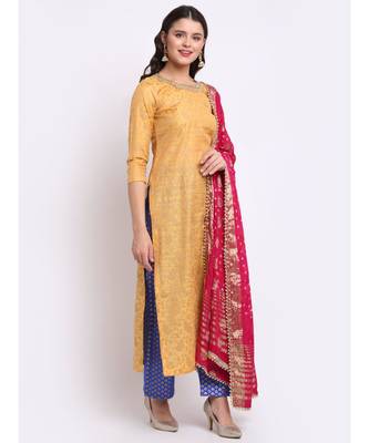 Mustard Laila Banarasi Kurti with Blue Banarasi Palazzo and Banarasi Bandhej Dupatta 3