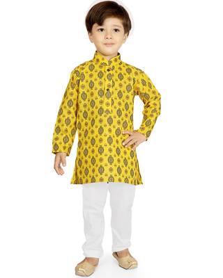 Yellow printed cotton boys-kurta-pyjama 1