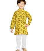 Yellow printed cotton boys-kurta-pyjama