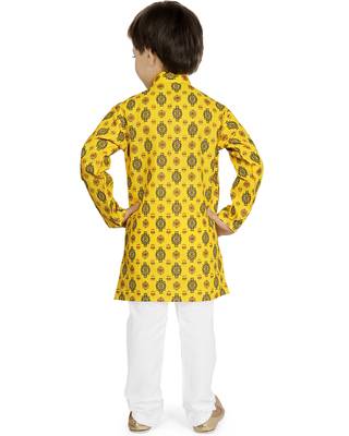 Yellow printed cotton boys-kurta-pyjama 3