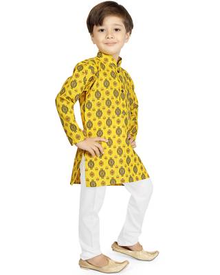 Yellow printed cotton boys-kurta-pyjama 4