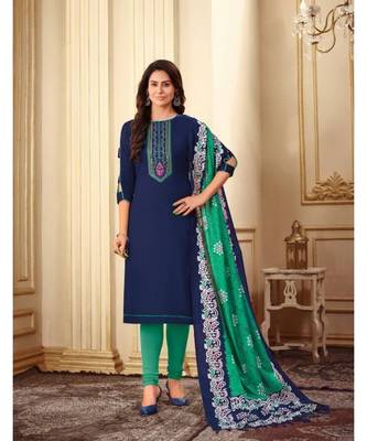 Navy Blue Kashmiri Work Cotton Slub unstitch churidar suits churidar salwar suits 1