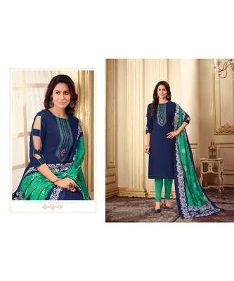 Navy Blue Kashmiri Work Cotton Slub unstitch churidar suits churidar salwar suits 3