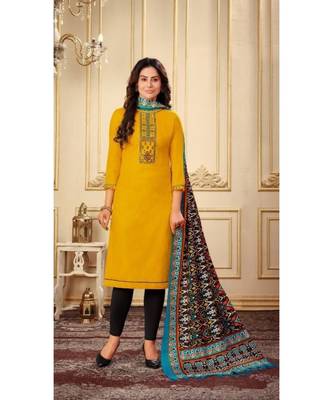 Yellow Kashmiri Work Cotton Slub unstitch churidar suits churidar salwar suits 1