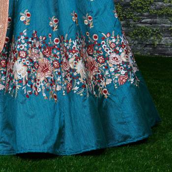 Turquoise Embroidered Art Silk Semi Stitched Lehenga 5