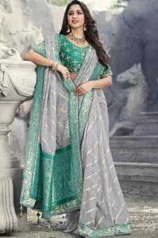 Grey embroidered organza saree with blouse