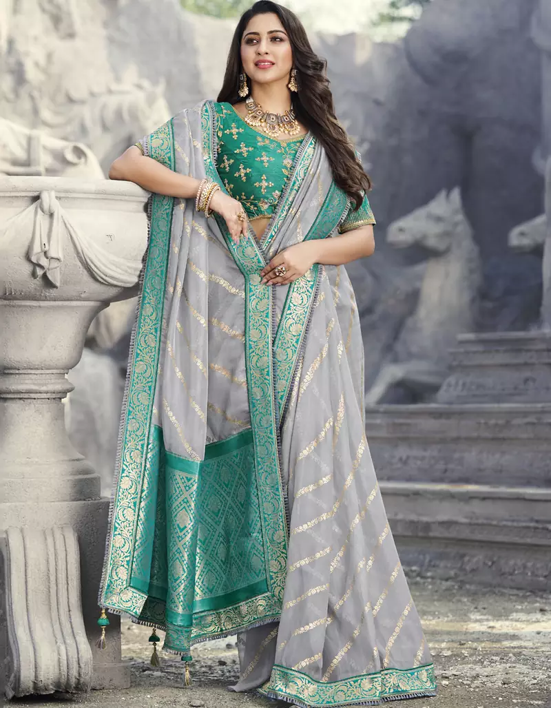 Grey embroidered organza saree with blouse
