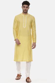 Yellow Embroidered Linen Silk Kurta