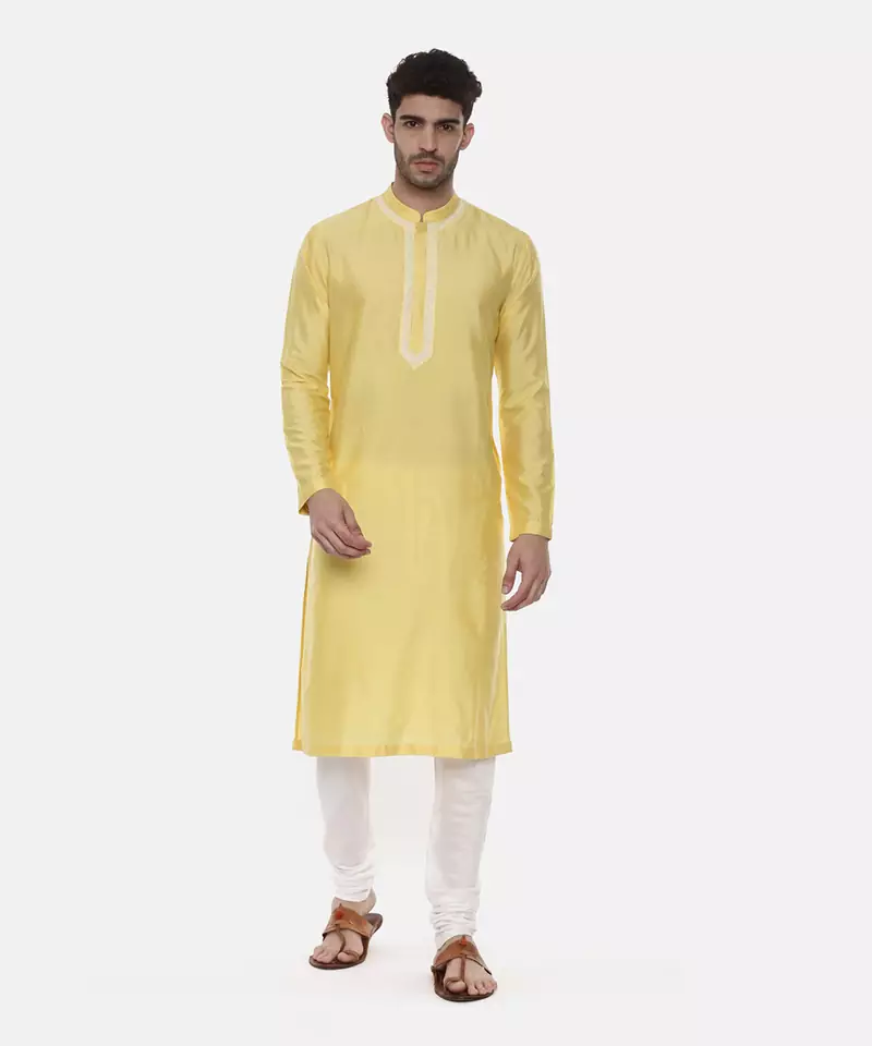 Yellow Embroidered Linen Silk Kurta