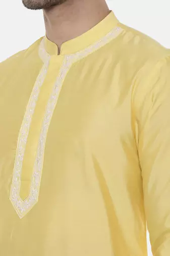 Yellow Embroidered Linen Silk Kurta