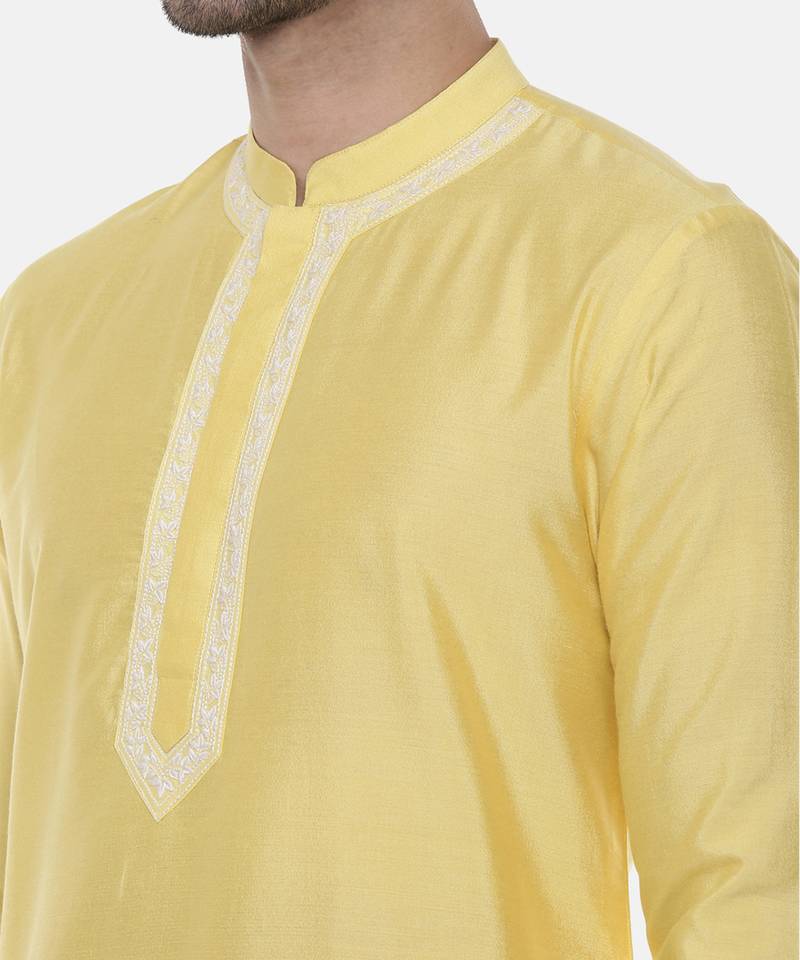 Yellow Embroidered Linen Silk Kurta
