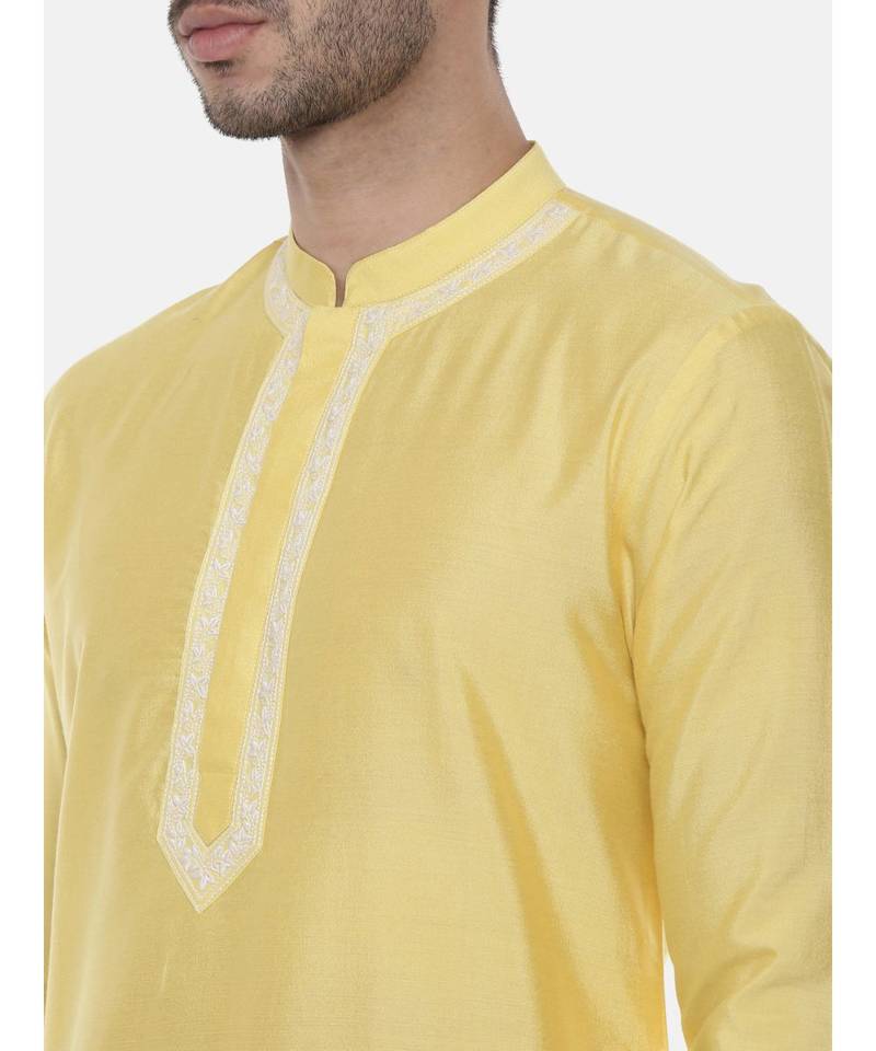 Yellow Embroidered Linen Silk Kurta