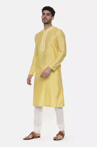 Yellow Embroidered Linen Silk Kurta