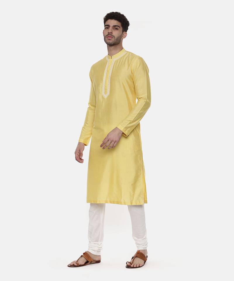 Yellow Embroidered Linen Silk Kurta