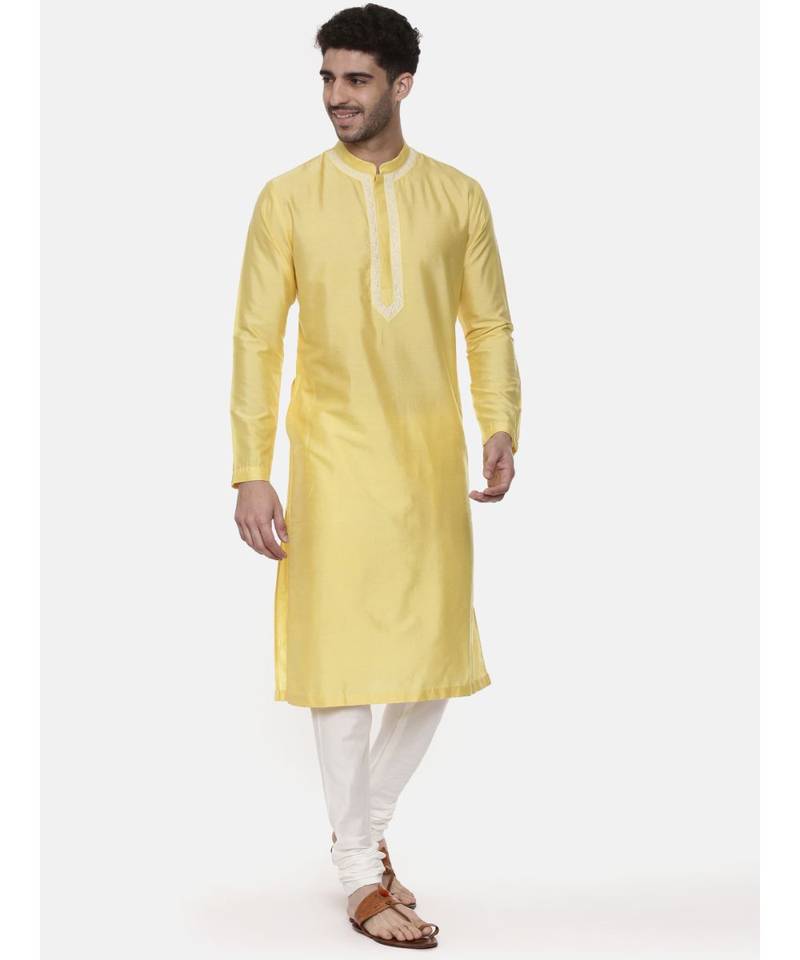 Yellow Embroidered Linen Silk Kurta