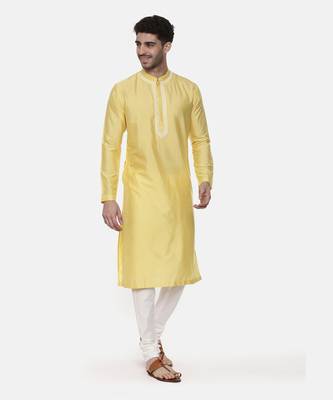 Yellow Embroidered Linen Silk Kurta 4