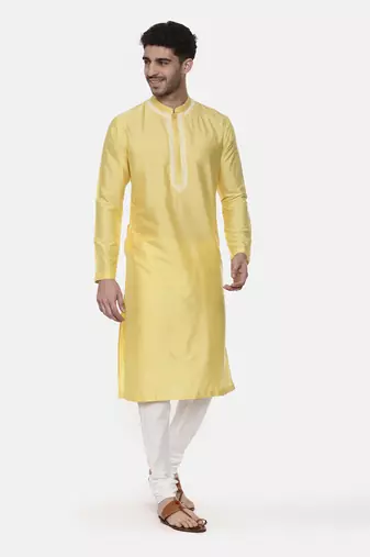Yellow Embroidered Linen Silk Kurta