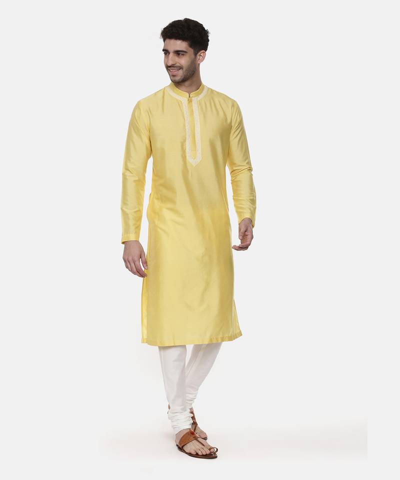 Yellow Embroidered Linen Silk Kurta