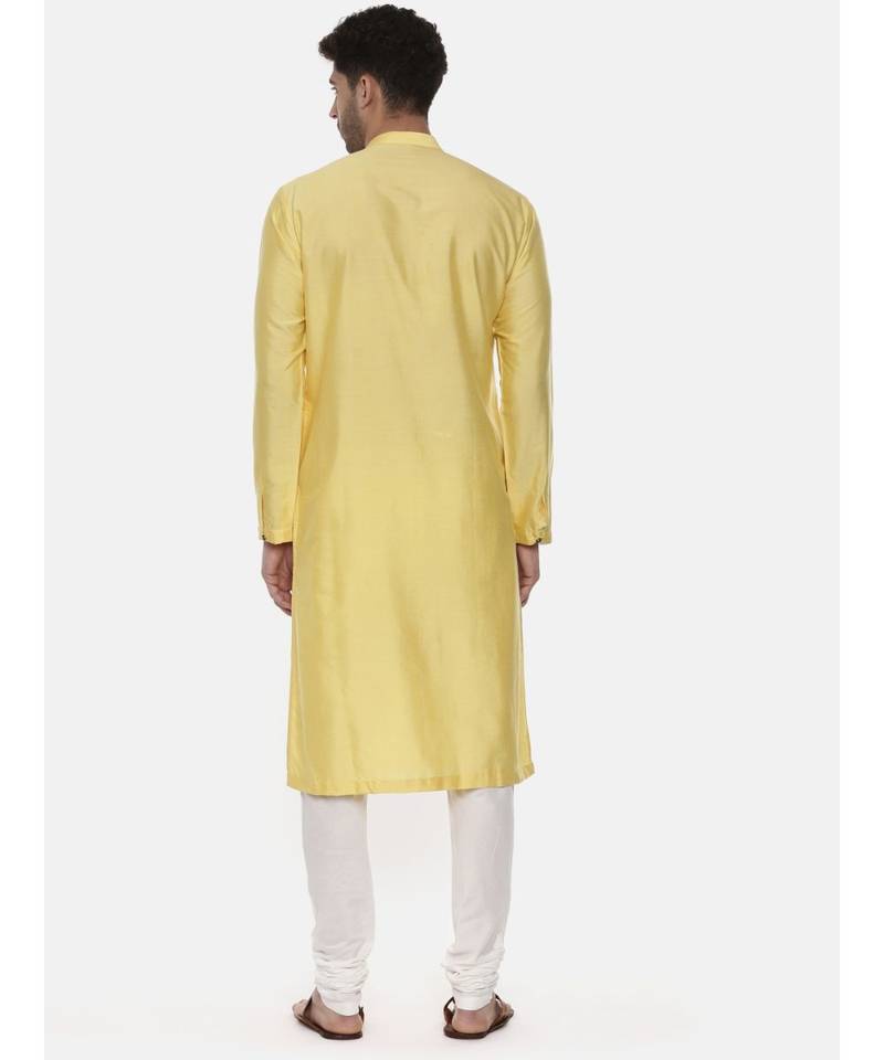 Yellow Embroidered Linen Silk Kurta