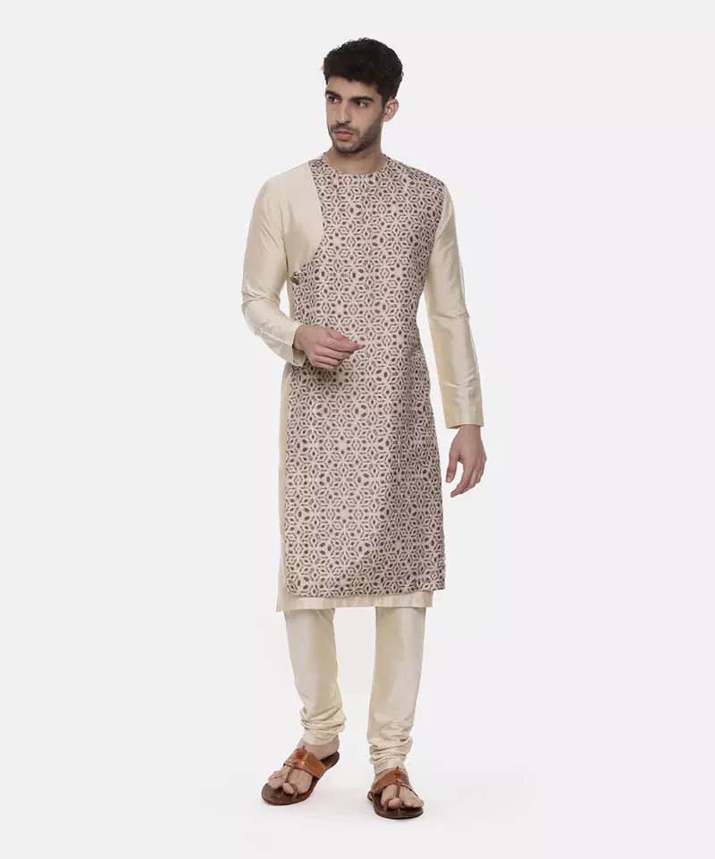 Beige Silk Printed Kurta