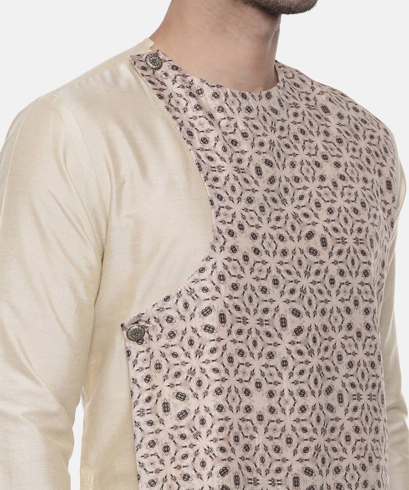 Beige Silk Printed Kurta