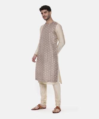 Beige Silk Printed Kurta 3