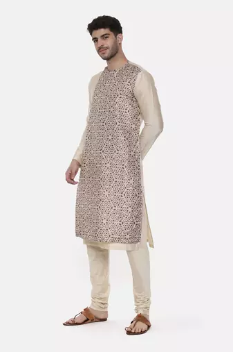 Beige Silk Printed Kurta