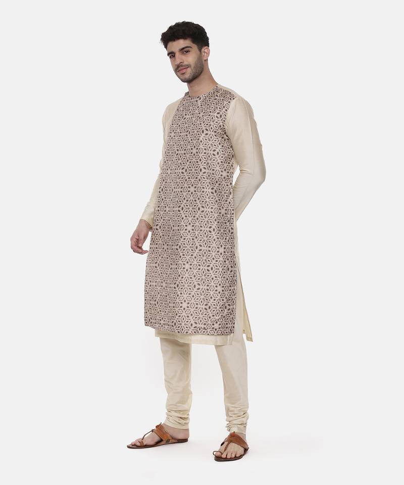 Beige Silk Printed Kurta