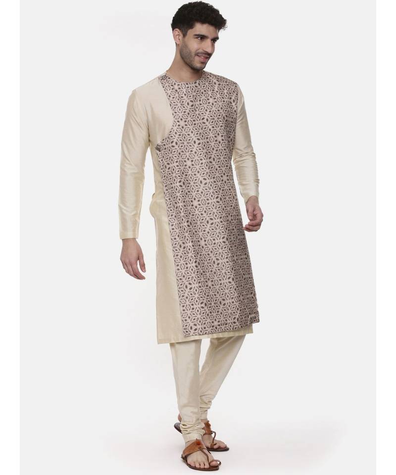 Beige Silk Printed Kurta