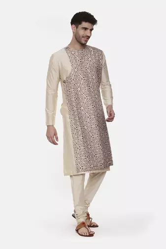 Beige Silk Printed Kurta
