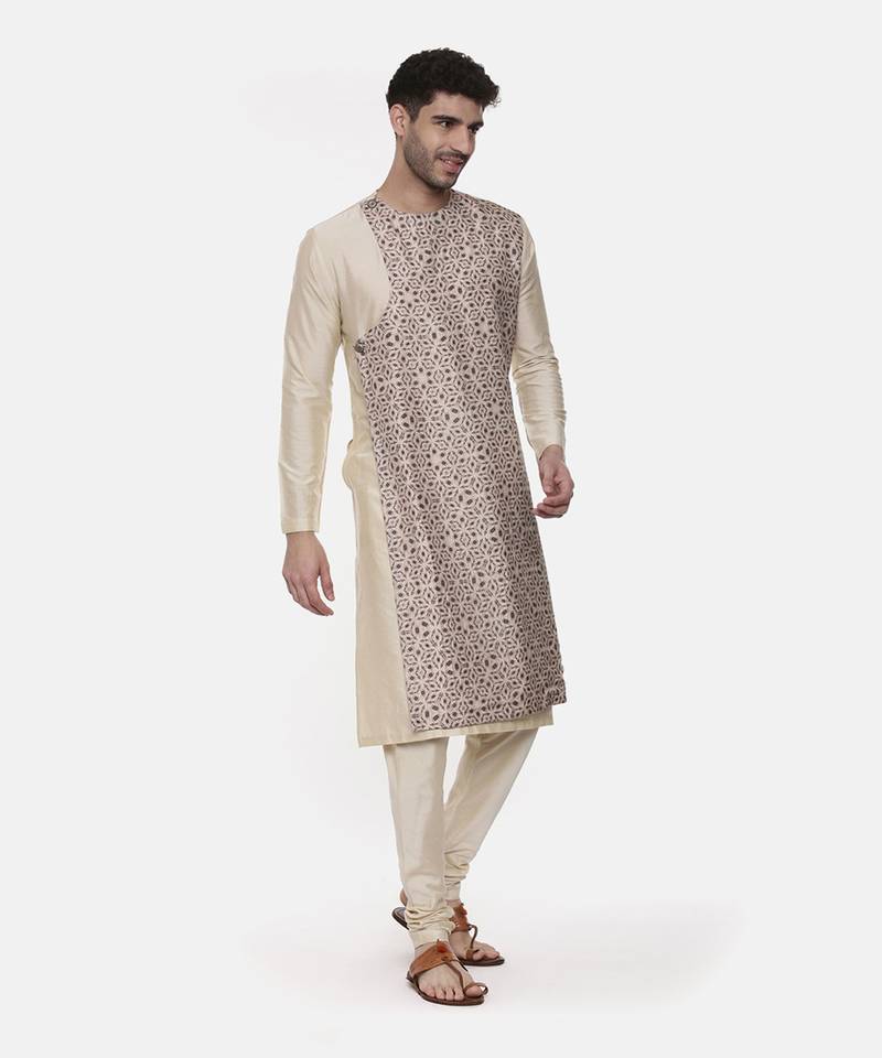 Beige Silk Printed Kurta