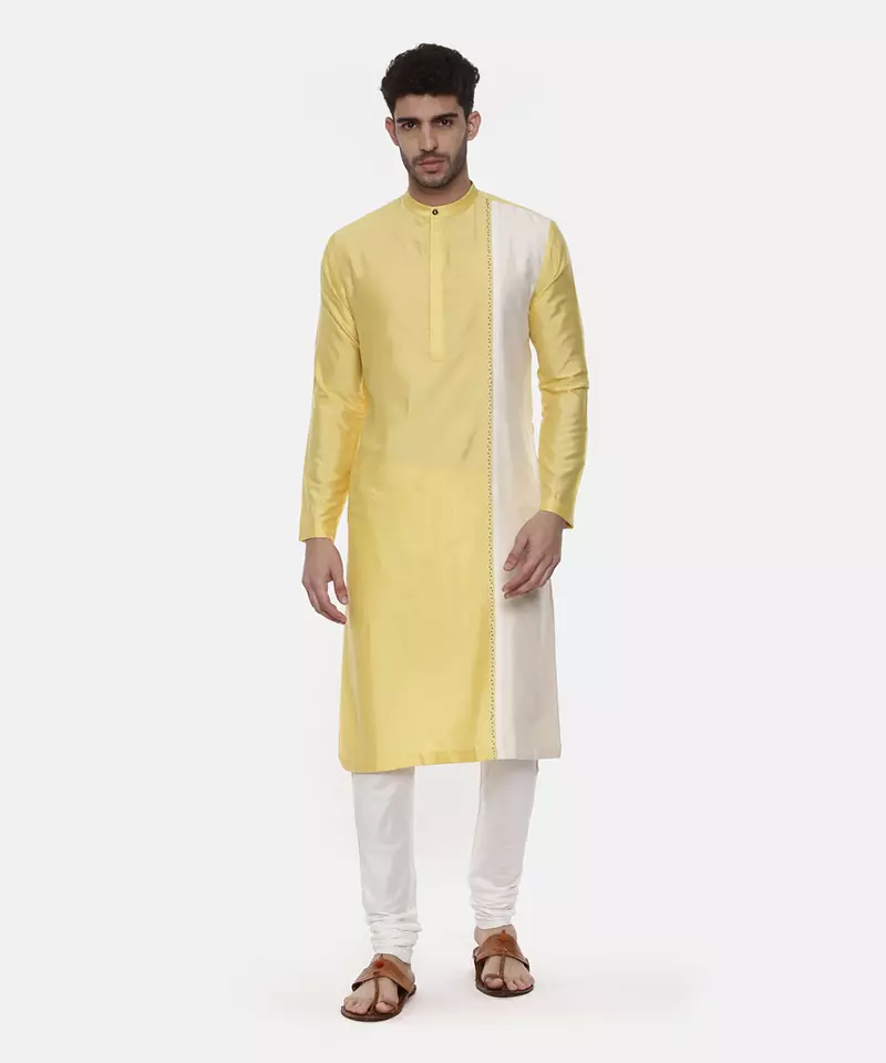 Yellow Ivory Embroidered Silk Kurta