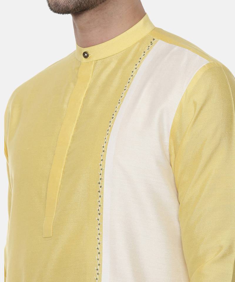 Yellow Ivory Embroidered Silk Kurta