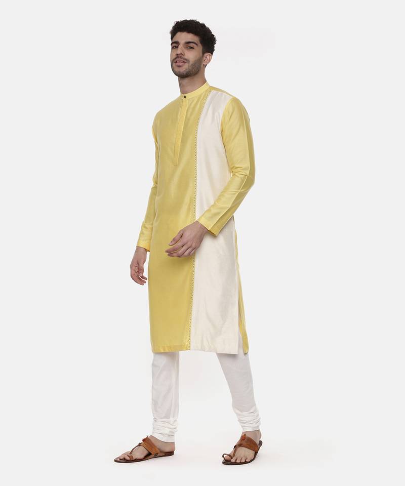 Yellow Ivory Embroidered Silk Kurta