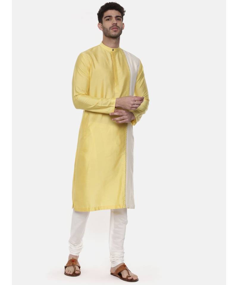 Yellow Ivory Embroidered Silk Kurta