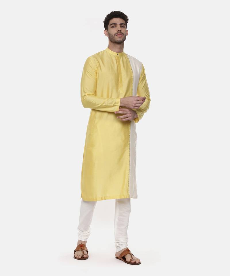 Yellow Ivory Embroidered Silk Kurta
