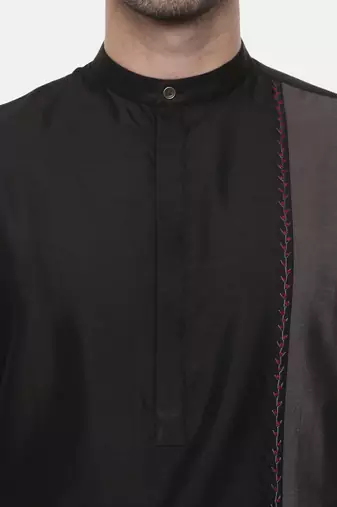 Black Grey Embroidered Silk Kurta