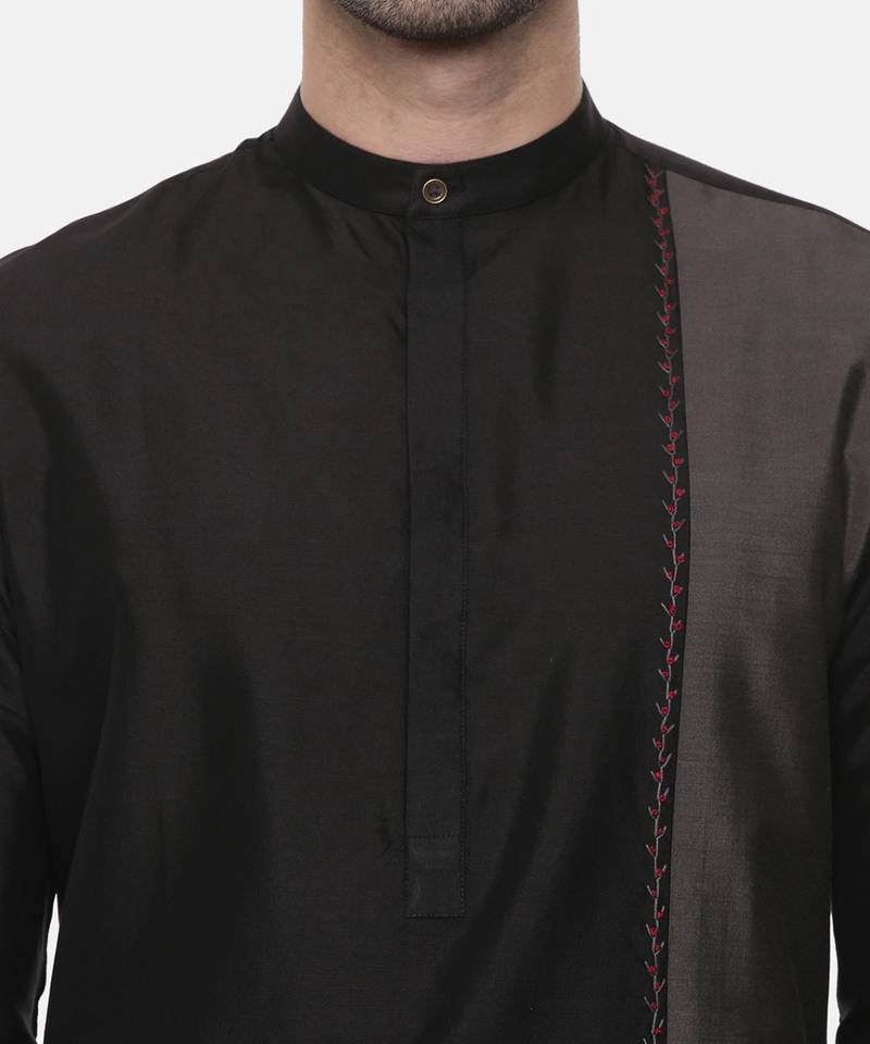 Black Grey Embroidered Silk Kurta