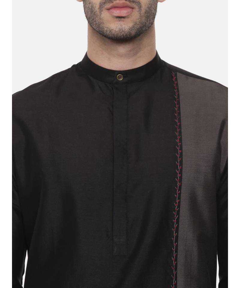 Black Grey Embroidered Silk Kurta