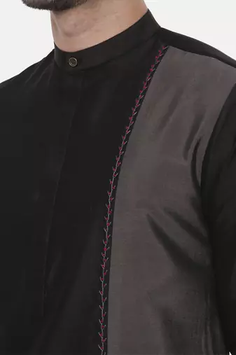 Black Grey Embroidered Silk Kurta