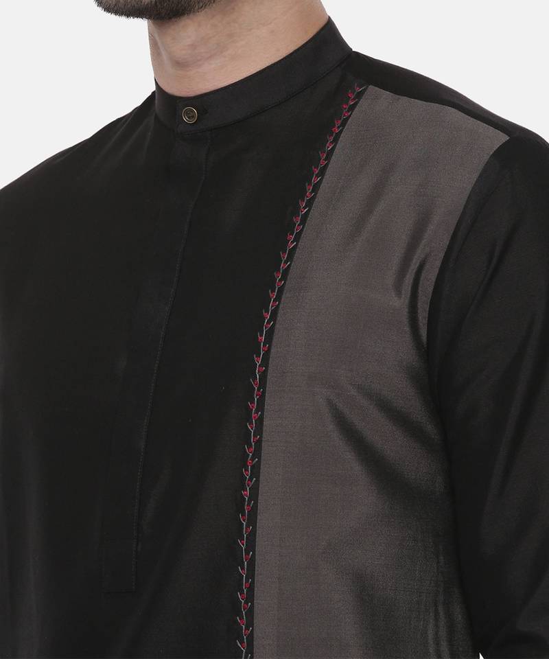 Black Grey Embroidered Silk Kurta