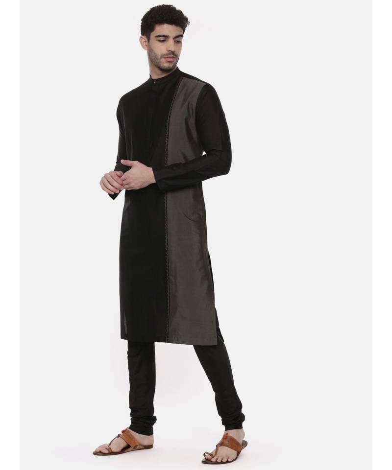 Black Grey Embroidered Silk Kurta
