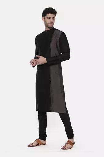 Black Grey Embroidered Silk Kurta